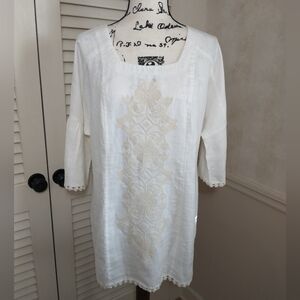 Ivy Jane White Embroidered Tunic-Dress 100% Linen, Size Large, Cottagecore